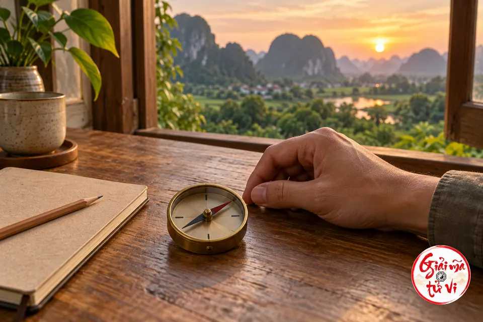 Bàn tay bên la bàn kim đơn giản, sổ và bút trên bàn gỗ nhìn ra núi, logo Giải Mã Tử Vi ở góc dưới phải.