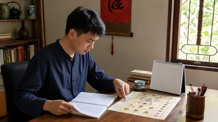 Người đàn ông đối chiếu một tờ giấy với trang sổ trên bàn, bên cạnh lịch để bàn và chén trà
