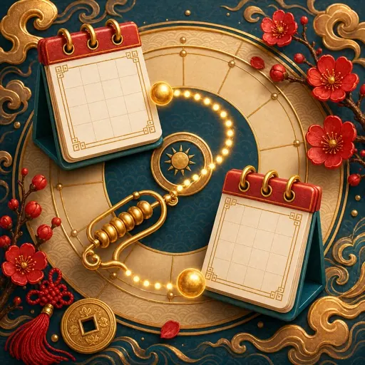 Hai tờ lịch ô trống nối bằng đường uốn quanh biểu tượng Mặt Trời và Mặt Trăng