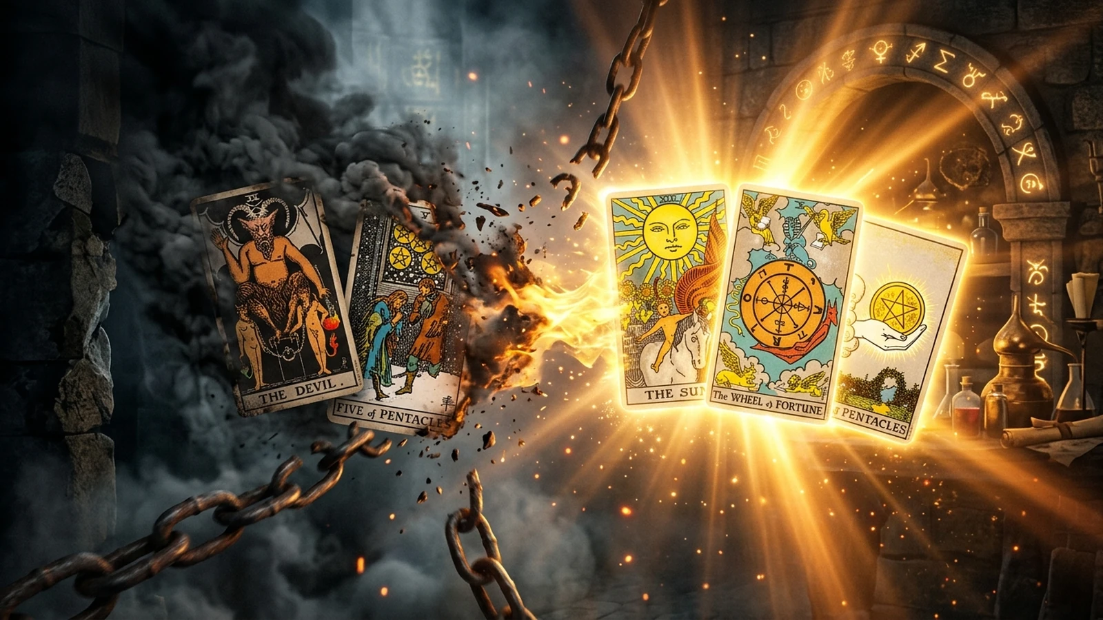Chuyển Hóa Điểm Nghẽn Tiền Tệ (Money Blocks) Trong Tiềm Thức – Ánh sáng giác ngộ của The Sun và Wheel of Fortune phá vỡ xiềng xích nghèo khó The Devil và Five of Pentacles