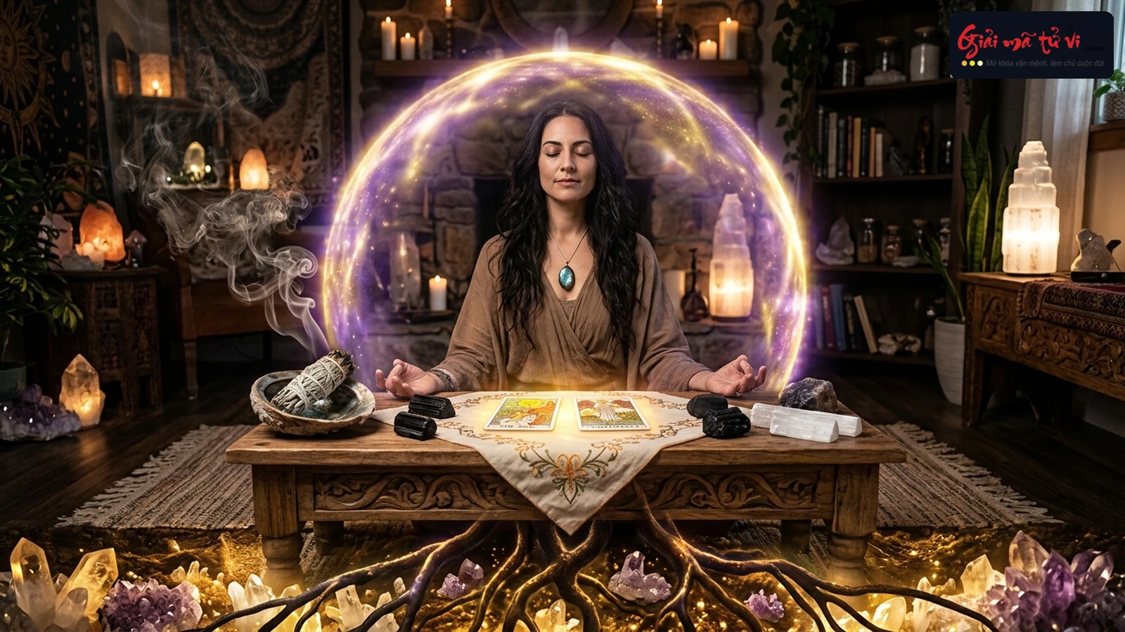 Nghi Thức Bảo Vệ Năng Lượng Hào Quang Khi Đọc Tarot – Reader ngồi thiền tĩnh lặng trong lồng cầu bảo vệ ánh sáng vàng kim và tím thạch anh, bao quanh bởi đá tourmaline đen, xô thơm trắng và rễ cây tiếp đất sâu vào lòng mẹ Trái Đất