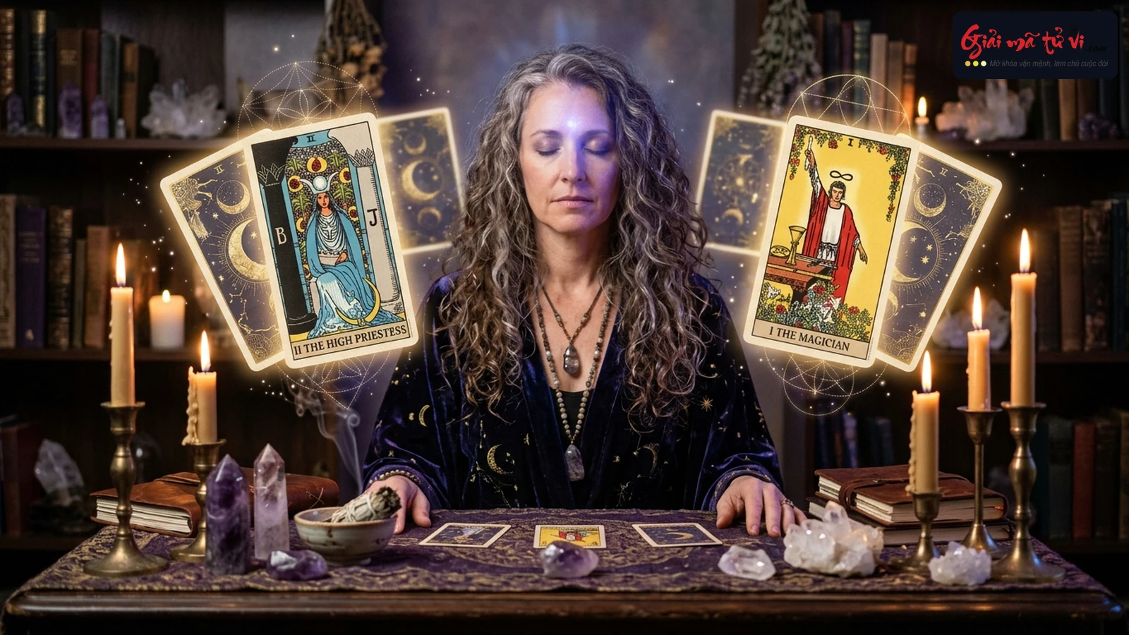 Tarot Trực Giác Toàn Thư – Bàn đọc bài Tarot huyền bí với ánh sáng khai mở từ luân xa mắt thứ ba, các lá bài dát vàng tỏa sáng hào quang linh thiêng, tinh thể thạch anh và nến thơm trong không gian thiền định tâm thức
