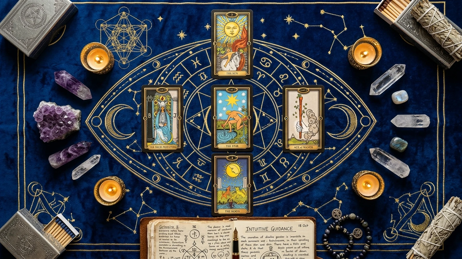 6 phác đồ trải bài Tarot Manifestation thực chiến – Bố cục các trải bài kiến tạo thực tại trên khăn nhung trải bài cao cấp với tinh thể thạch anh và nến thiền định