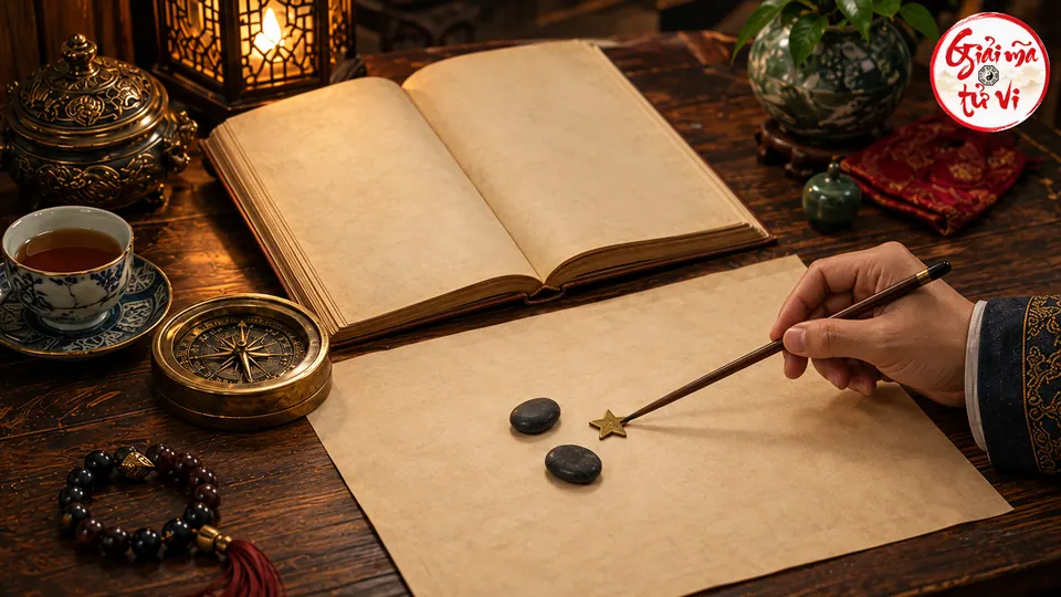 Một bàn tay cầm que chỉ vào miếng hình sao nhỏ trên giấy trắng cạnh hai viên đá và sách mở trang trống, logo Giải Mã Tử Vi ở góc phải trên