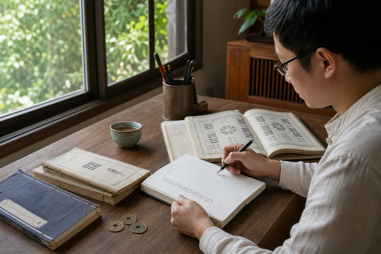 Người học ghi lại hình hào trong sách Kinh Dịch bên cửa sổ