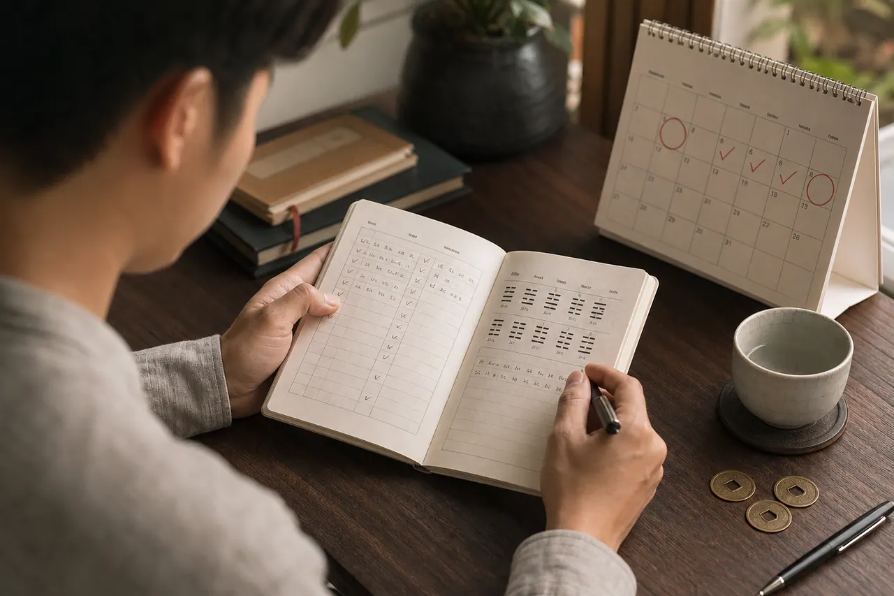 Người xem sổ mở có các nét hào bên cạnh lịch để bàn, ba đồng tiền và cốc gốm