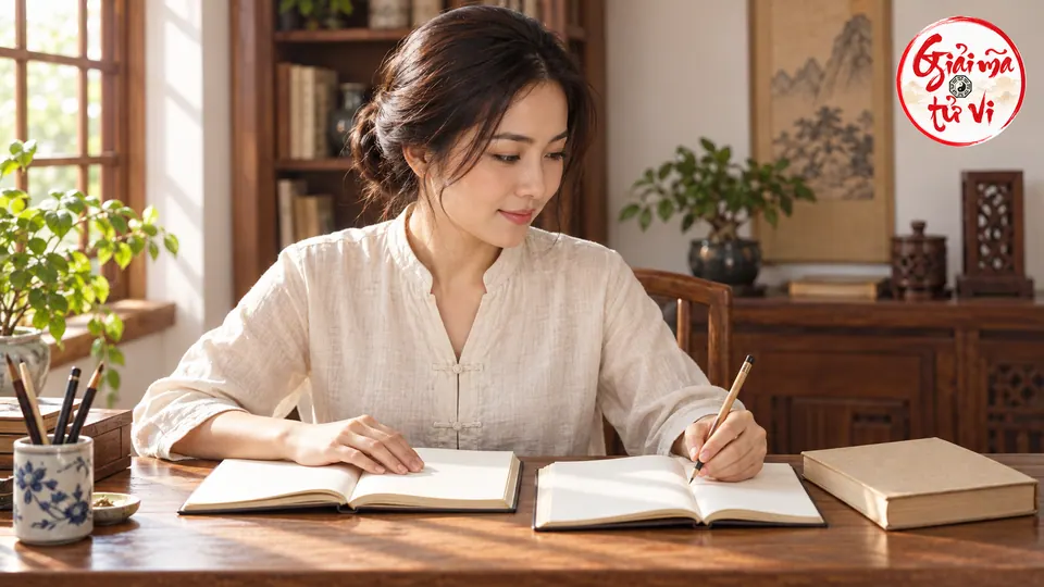 Người phụ nữ đối chiếu hai cuốn sổ mở, tay trái đặt trên sổ và tay phải cầm bút