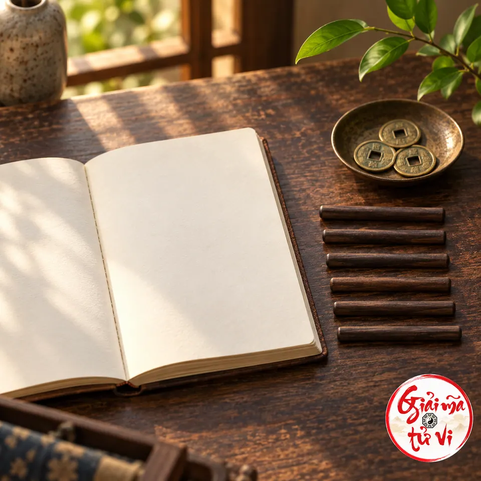 Sổ mở, sáu thanh gỗ và bát đựng ba đồng tiền trên bàn cạnh cửa sổ