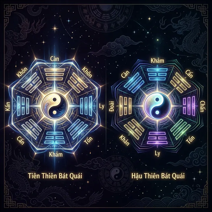 Sơ đồ đối chiếu Tiên Thiên Bát Quái của Phục Hy và Hậu Thiên Bát Quái của Chu Văn Vương theo phương vị và trục âm dương
