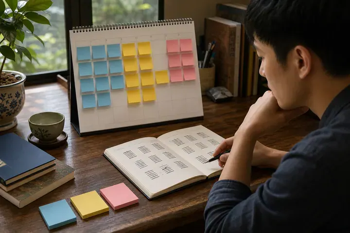 Người chống tay bên sách có nét hào, trước lịch để bàn gắn giấy nhớ xanh, vàng và hồng