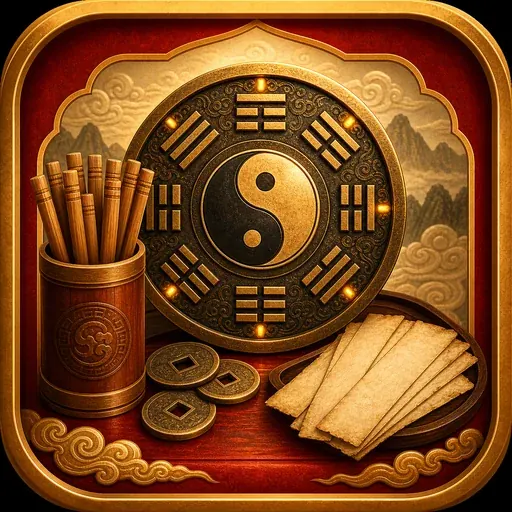 Vòng trang trí âm dương và nét quái trên nền đỏ vàng, cạnh ống que, ba đồng tiền và giấy