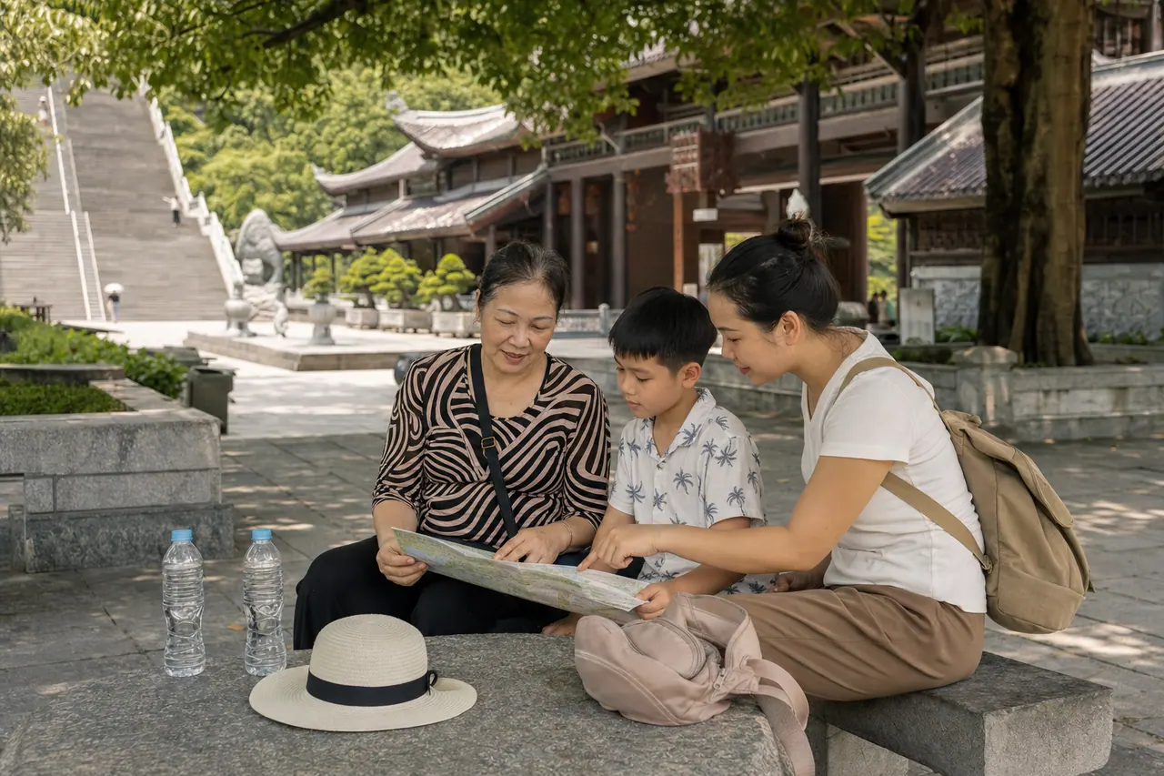 Du khách và gia đình di chuyển thong thả dưới bóng mát hành lang Chùa Bái Đính theo lộ trình tham quan