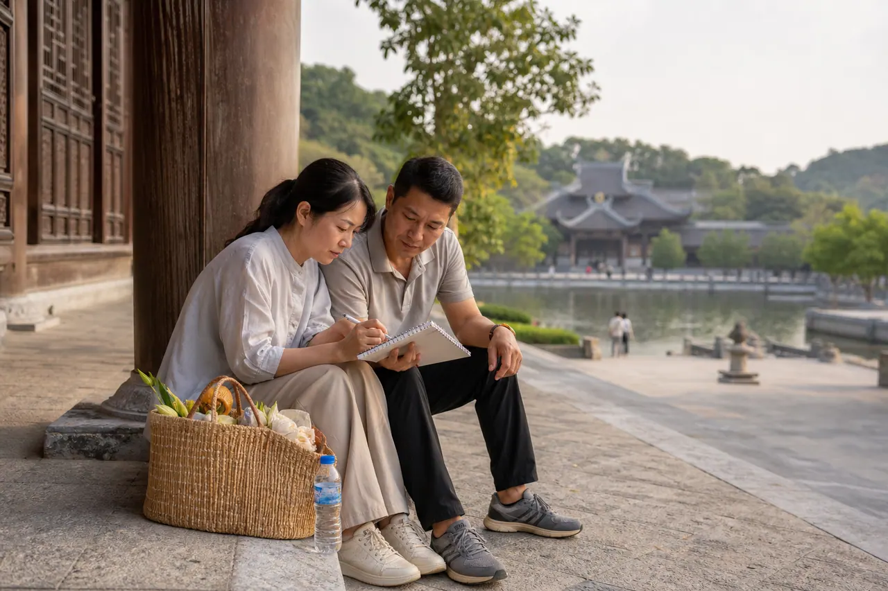 Du khách dừng chân nghỉ ngơi sau hành trình chiêm bái Chùa Bái Đính và ghi chép cảm nhận tâm linh