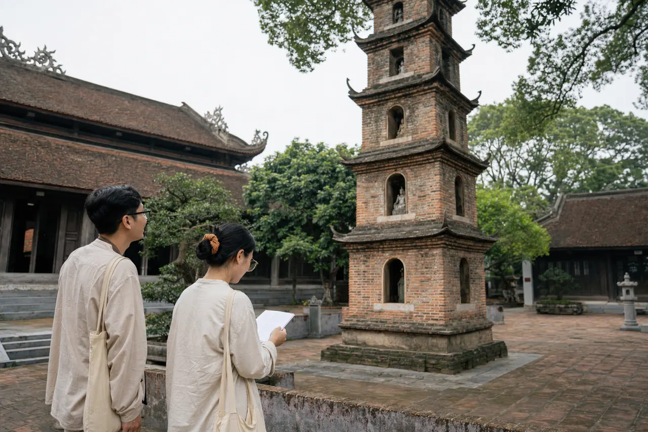 Du khách đứng chiêm ngưỡng những viên gạch nung cổ thời xưa và Tháp Hòa Phong Chùa Dâu