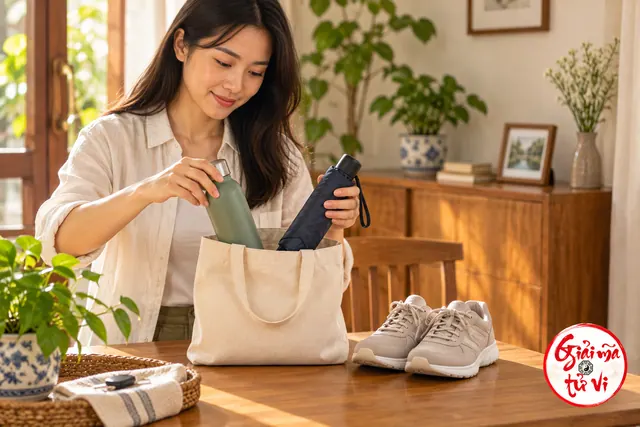 Người phụ nữ xếp bình nước và ô gấp vào túi vải cạnh đôi giày