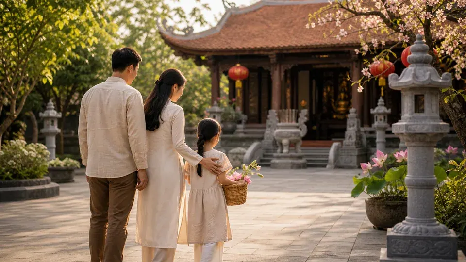 Cha mẹ và bé gái đứng trước chùa, mẹ đặt tay trên vai con cạnh giỏ hoa