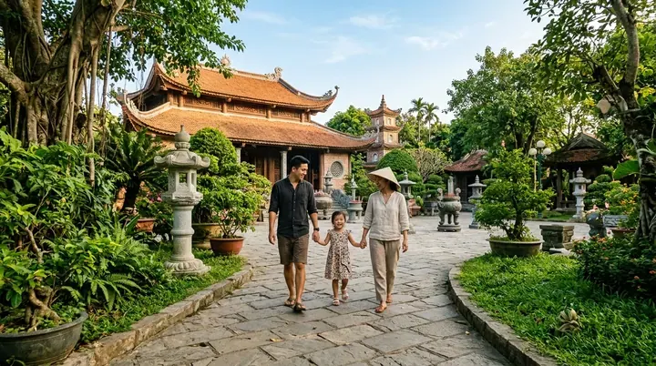 Hai người lớn dắt tay một bé gái đi qua sân chùa có cây xanh