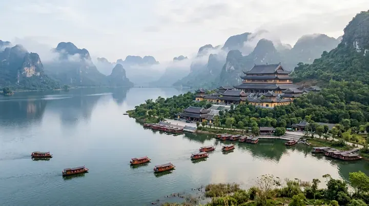 Hồ nước có thuyền, mái chùa trên phần đất nhô ra và núi đá phía sau