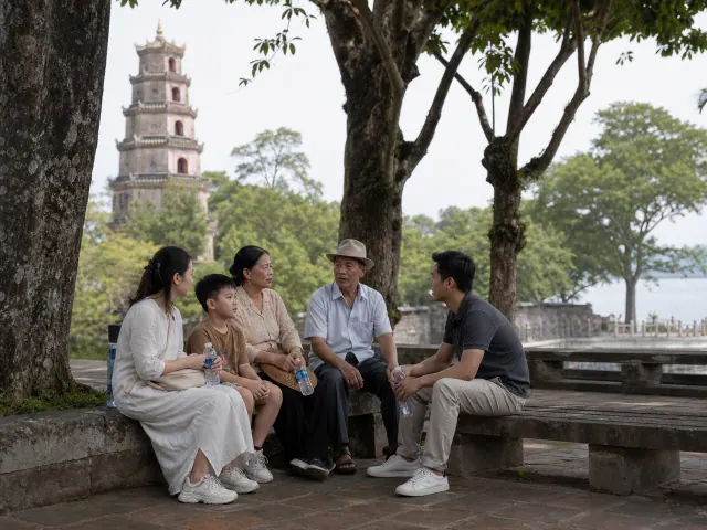 Năm người ngồi dưới bóng cây cầm chai nước, tháp và sông phía sau