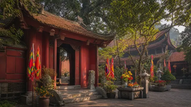 Cổng đỏ và mái ngói giữa cây xanh, cờ cùng hoa quả trong sân