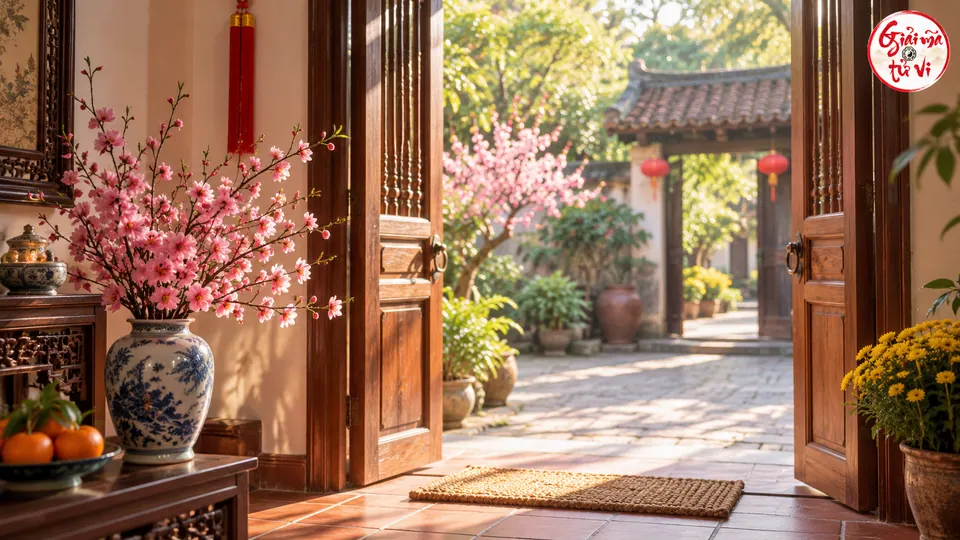 Cửa gỗ mở ra sân nhà buổi sáng Tết với bình hoa đào bên lối vào