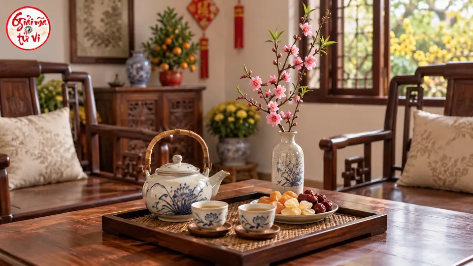 Khay trà với hai chén, quả khô và bình hoa đào giữa hai ghế trống