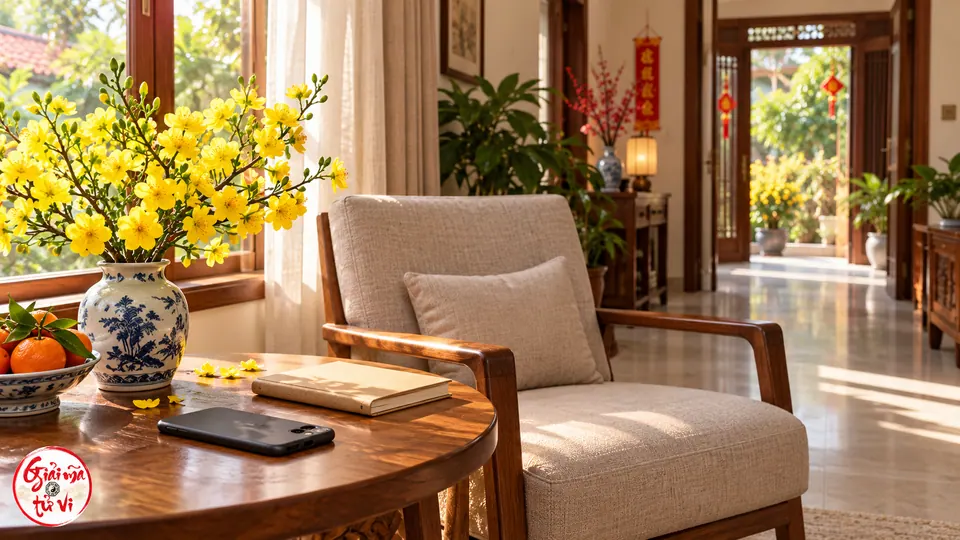 Điện thoại úp, sổ trơn và bình hoa mai bên ghế ngồi gần cửa sổ