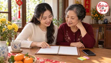 Hai người phụ nữ cùng xem sổ lịch trên bàn, bên cạnh điện thoại và giấy đánh dấu