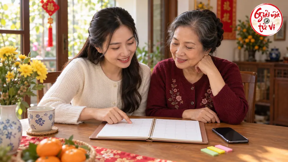 Hai người phụ nữ cùng xem sổ lịch trên bàn, bên cạnh điện thoại và giấy đánh dấu