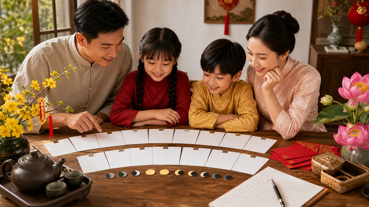 Gia đình bốn người cùng xem các tờ lịch trống xếp trên bàn gỗ