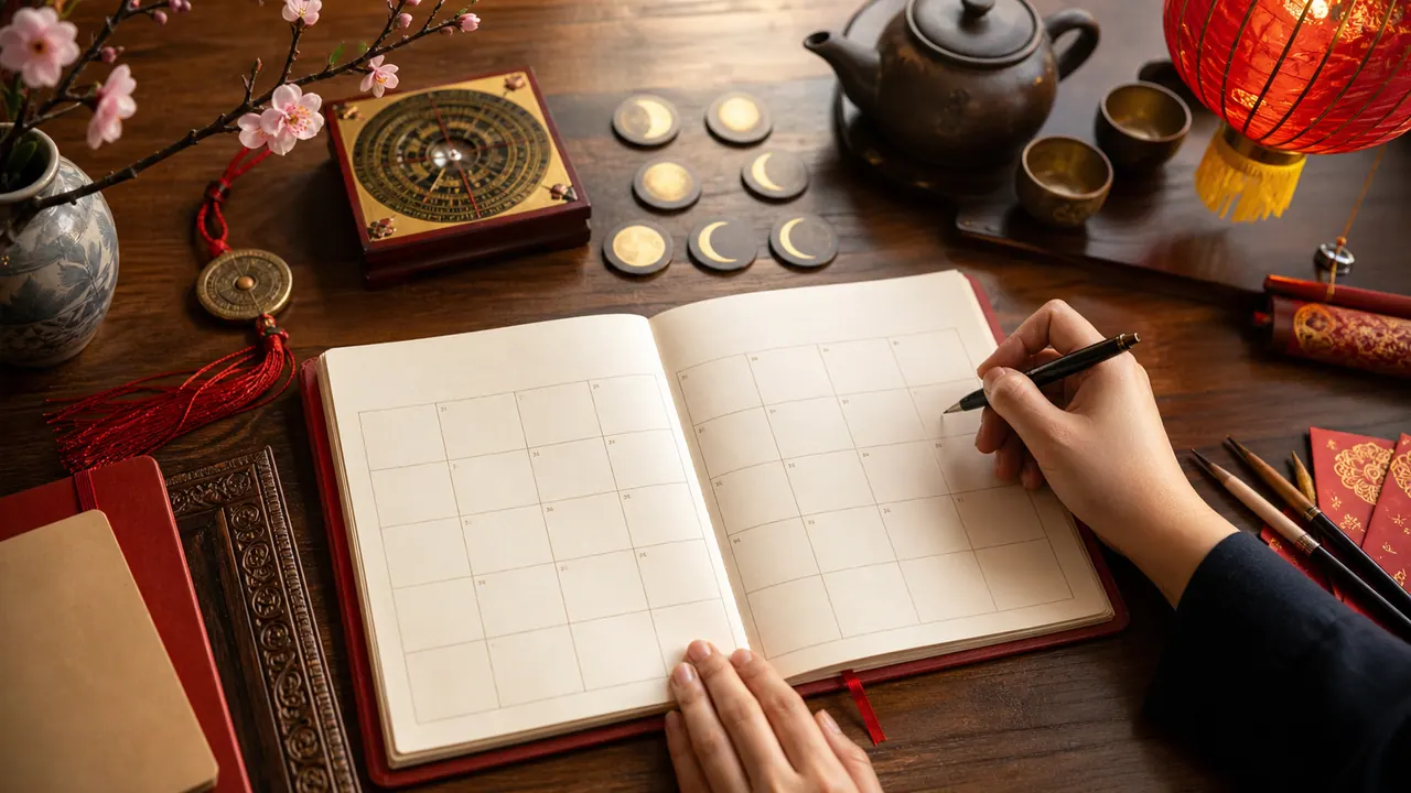 Một người cầm bút bên quyển sổ lịch chia ô trống trên bàn gỗ