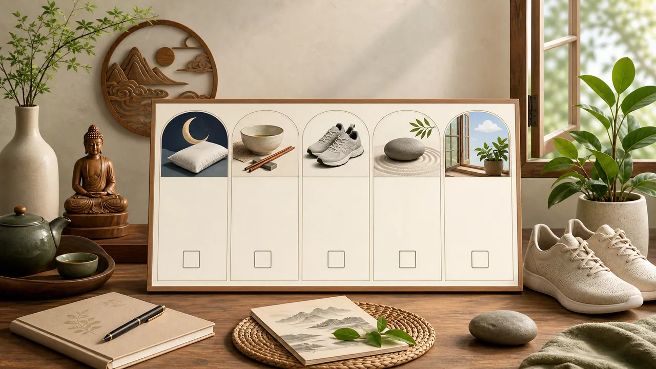 Ma trận thói quen sức khỏe với biểu tượng giấc ngủ, ăn uống, vận động, căng thẳng, nghỉ ngơi và ô kiểm trống
