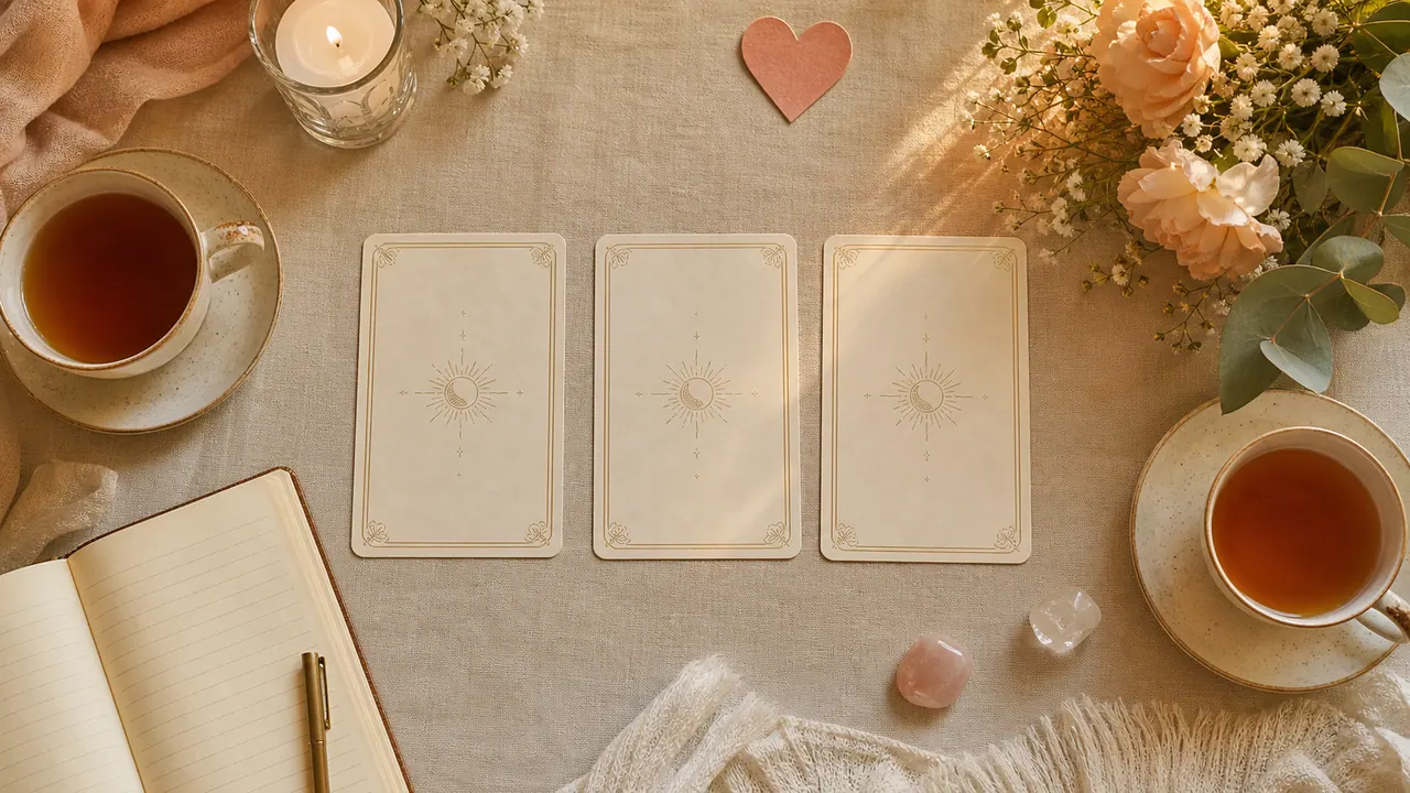 Bàn trải bài Tarot tình yêu ba lá với hai tách trà, sổ nhật ký, hoa tươi và ba lá bài xếp thứ tự hiện trạng, bài học, hướng đi
