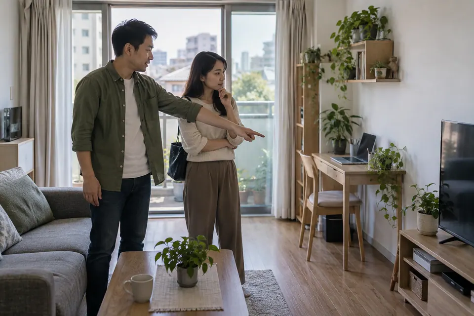 Hai người quan sát góc bàn làm việc trong một phòng khách nhỏ