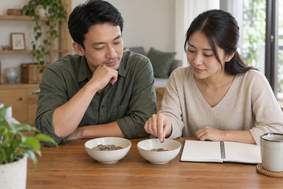 Hai người trao đổi bên hai bát đựng đồng xu và một cuốn sổ mở