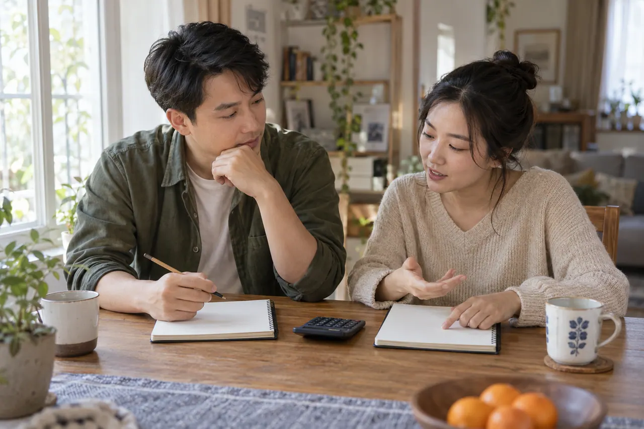 Hai người trò chuyện bên hai cuốn sổ và máy tính trên bàn tại nhà
