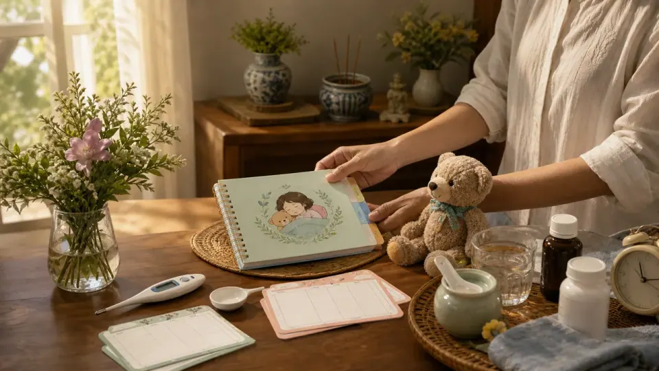 Người lớn cầm sổ cạnh nhiệt kế, tờ ghi chép, gấu bông và các chai lọ trên bàn