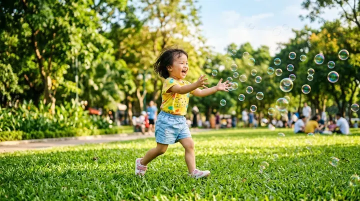 Bé mặc áo vàng chạy theo bong bóng trên bãi cỏ công viên