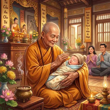Nhà sư bế bé quấn khăn trong gian thờ, phía sau có hai người lớn chắp tay