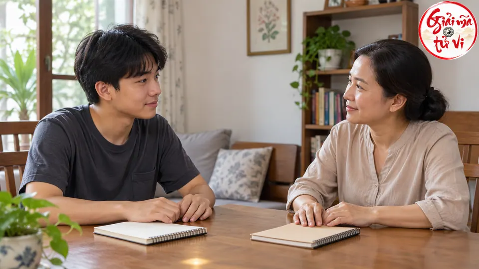 Một người mẹ và một bạn trẻ ngồi trao đổi bên bàn có sổ, bút và cốc nước