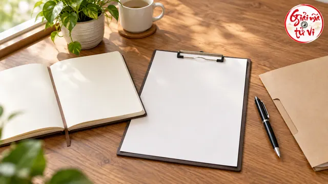 Sổ mở, giấy trống trên bảng kẹp và bút đen trên bàn gỗ; logo góc trên phải