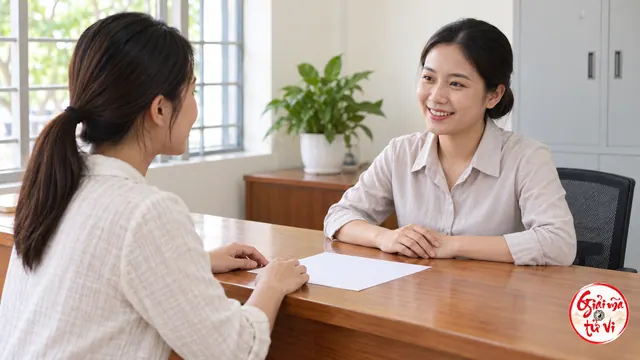 Hai phụ nữ trao đổi qua bàn với tờ giấy trống, mỗi người có hai tay; logo góc dưới phải