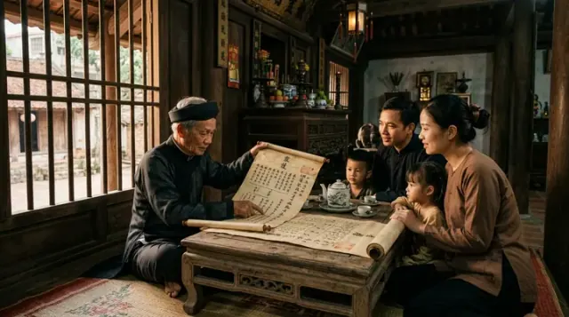 Người lớn tuổi cầm cuốn sách có chữ, gia đình ngồi cạnh trong nhà gỗ