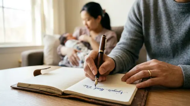 Người đàn ông viết vào sổ, người phụ nữ bế em bé ở phía sau