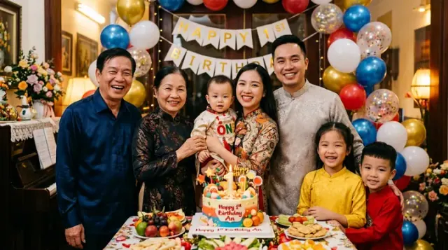 Gia đình đứng cùng bé bên bánh sinh nhật và bàn thức ăn