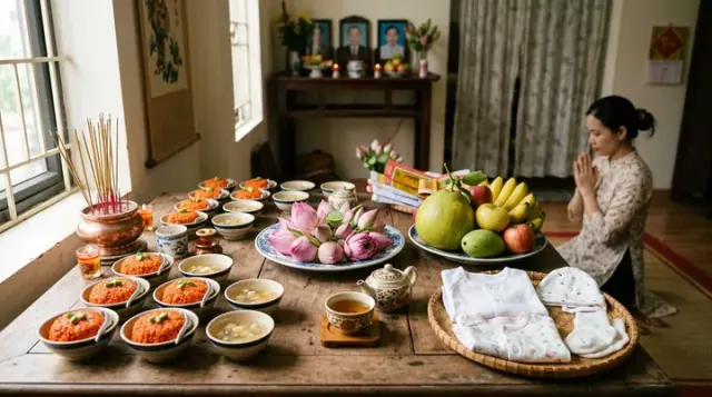 Người phụ nữ chắp tay cạnh bàn bày xôi, chè, trái cây và quần áo trẻ nhỏ