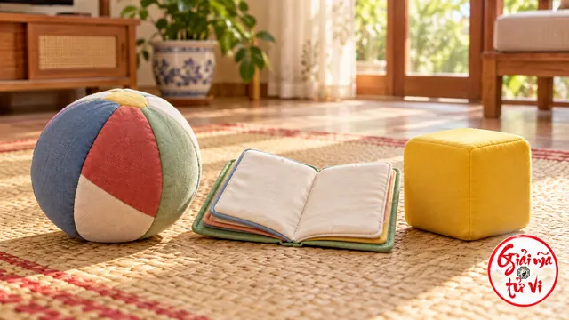 Quả bóng vải, sách vải trang trống và khối đồ chơi màu vàng trên chiếu; logo góc dưới phải