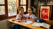 Hai trẻ mặc đồng phục ngồi bên giấy bút và sách trên bàn gỗ