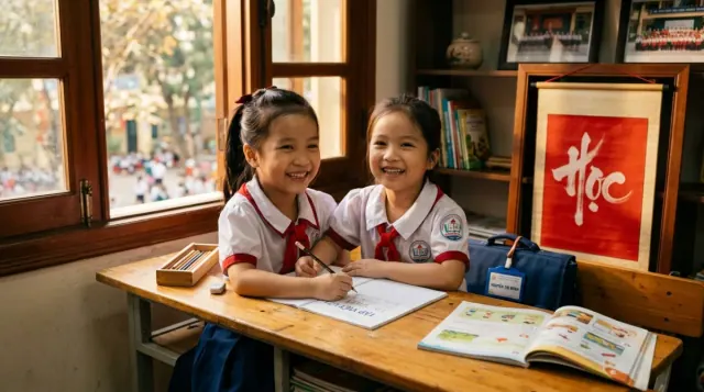 Hai trẻ mặc đồng phục ngồi bên giấy bút và sách trên bàn gỗ