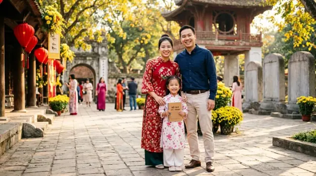 Gia đình đứng trong sân có cây hoa vàng và công trình mái ngói